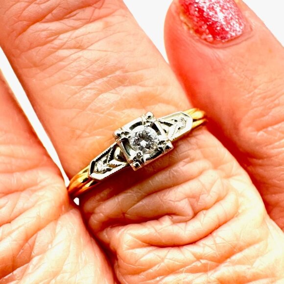 Estate Find 14K & 18K Yellow White Gold Diamond Ring Size 7.5 Vintage Engagement - Picture 2 of 6